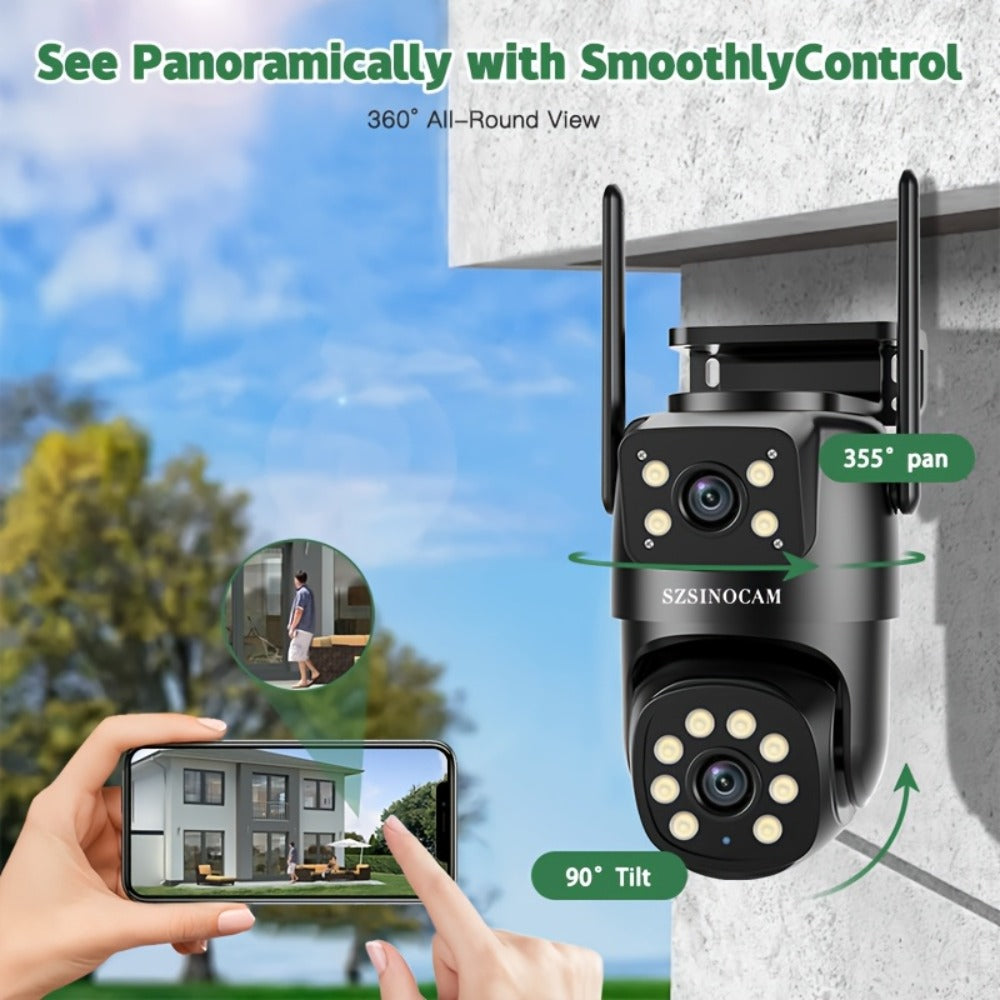 Juego de 3 cámaras de seguridad WiFi SZSINOCAM de 4MP con 2 lentes y 2 pantallas, total 4MP, doble lente 2.4GHz, no compatible con 5GHz, seguimiento humano con IA, visión nocturna en color, para exteriores, previene daños por lluvia, audio bidireccional,
