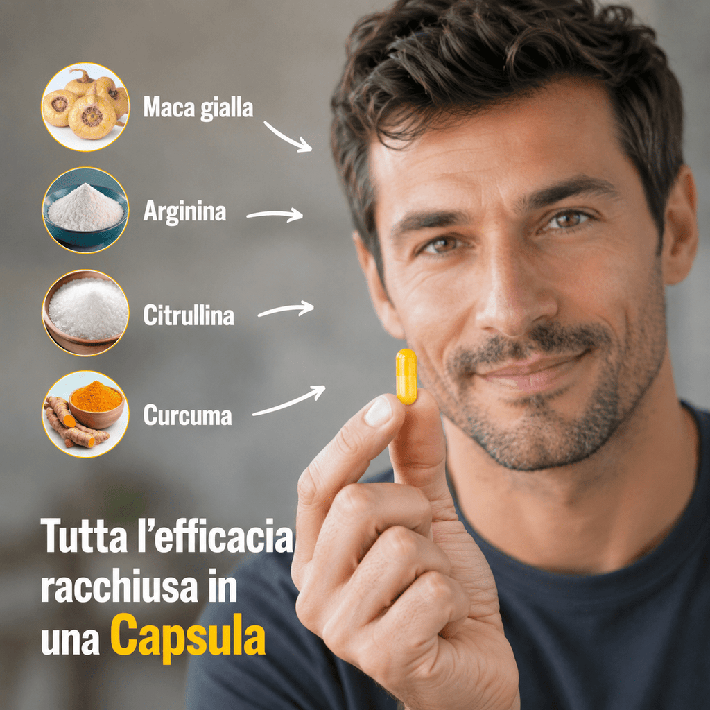 Integrador para hombre con Maca Amarilla, Arginina, Citrulina y Cúrcuma - Envío Rápido desde Almacén Local - 30 Cápsulas Hechas en Italia