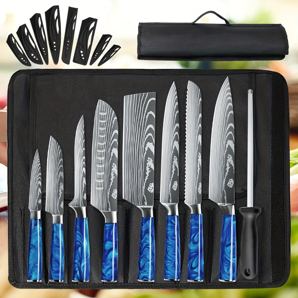 Juego de 8 cuchillos, perfecto para uso en la cocina, con hojas de acero inoxidable ultra afiladas para un rendimiento duradero. Disponible en azul, verde, negro y morado, viene con una funda de nailon para un almacenamiento y transporte convenientes