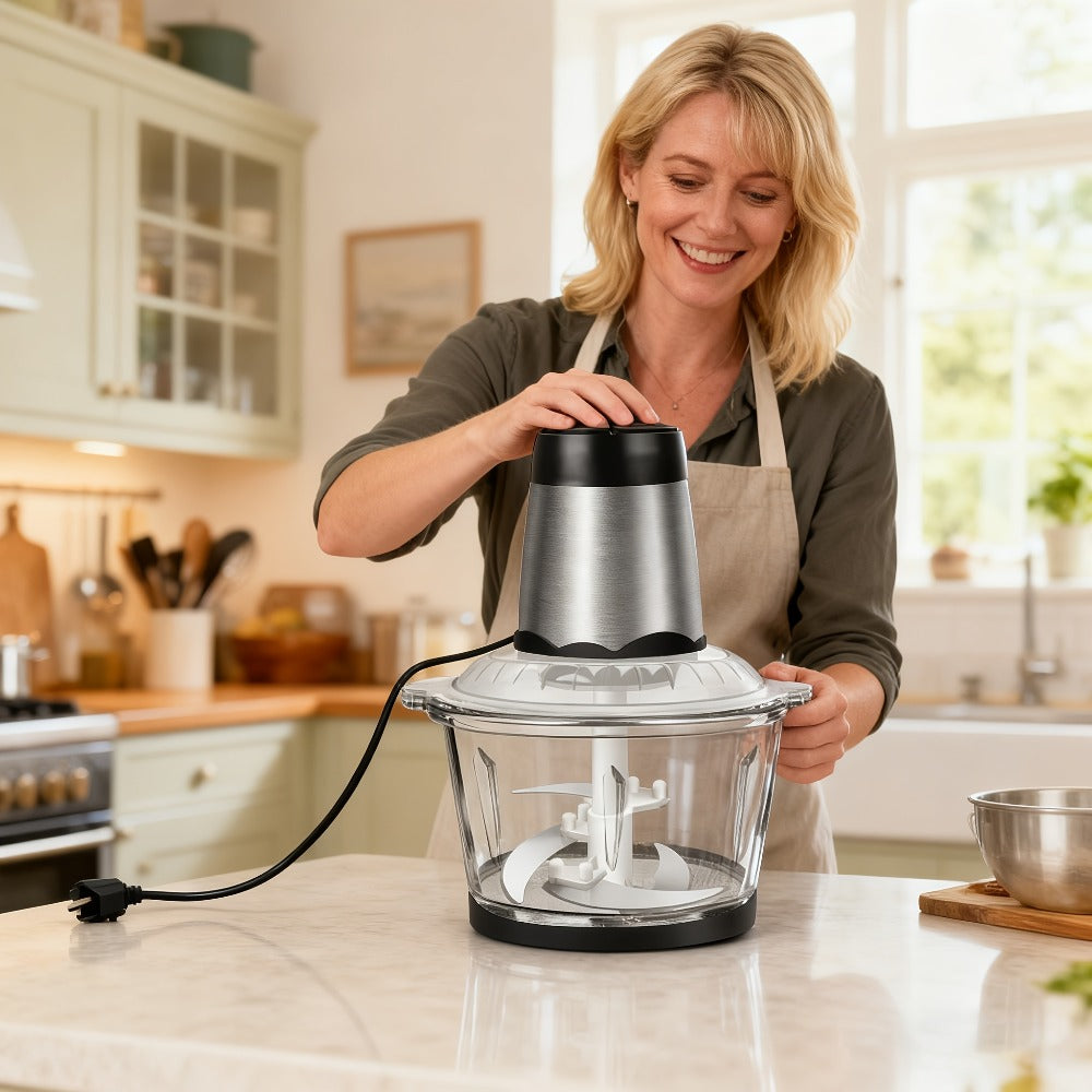 Picadora de carne eléctrica de 1600 vatios con cortador de alimentos multifunción, incluye un contenedor de vidrio de 2 litros y 4 cuchillas de acero inoxidable, 2 velocidades para carne, frutas, verduras, nueces, zanahorias y uso general en la cocina
