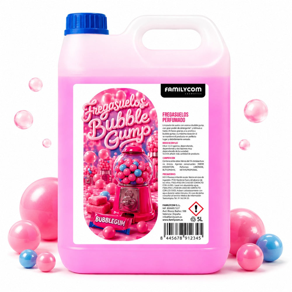 GrupoFamily Fregasuelos Concentrado - Friegasuelos Perfumado Duradero Aroma Chicle Bubble Gump - Limpieza, Brillo e Higiene - Limpiasuelos pH Neutro Todo Tipo de Suelos, Superficies Delicadas - 5 Litros