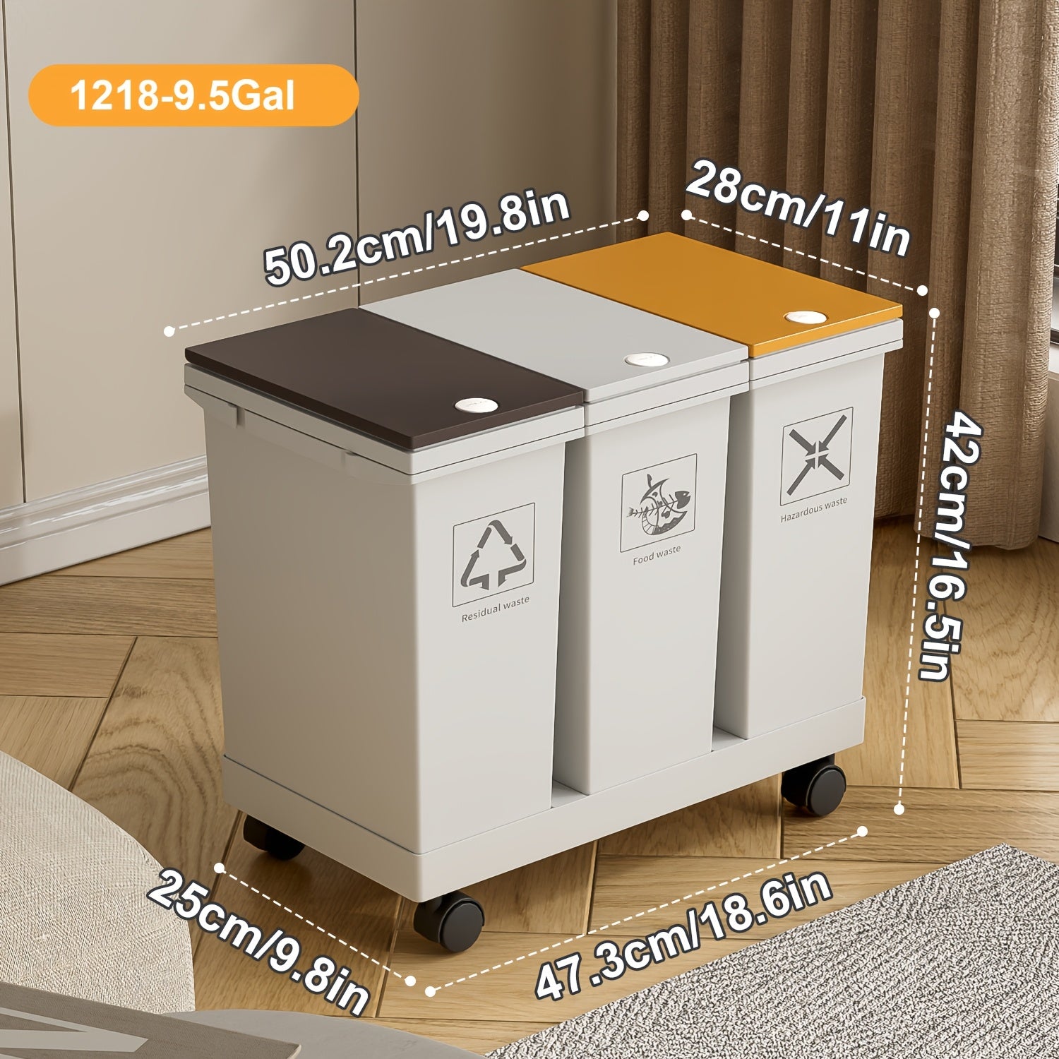 Cubo de basura de cocina de gran capacidad de 60L/36L/24L con compartimentos separados - Con ruedas, resistente a los olores, separación de residuos secos y húmedos, forma rectangular, tapas con botón de presión, fácil de limpiar, gestión de residuos de c