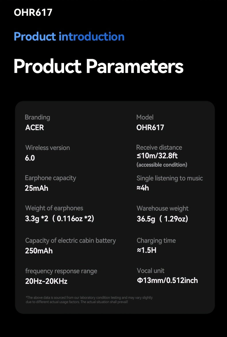 Auriculares Bluetooth | [Producto oficial auténtico de Acer] Auriculares inalámbricos TWS OHR617 con graves profundos, sonido estéreo, batería de