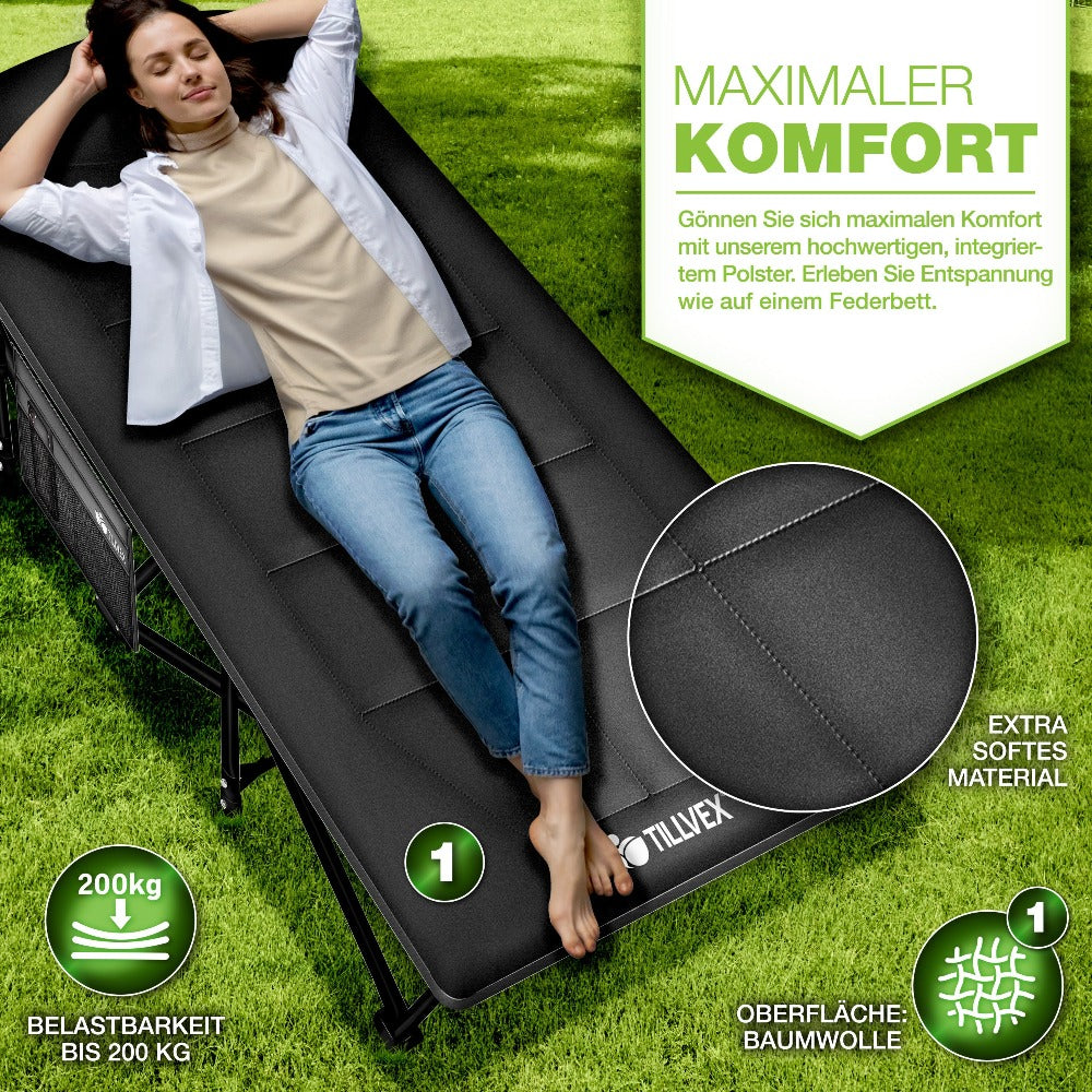 Tillvex® Cama Plegable para Camping con Bolsa de Transporte, Soporta Hasta 200 kg, Cama Extra Ancha para Camping, Cama de Campaña, Cama de Pesca para Uso en Exteriores e Interiores, Cama Plegable para Invitados, Portátil para Jardín, Camping, Pesca, Festi