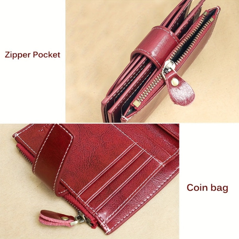 Monedero Ciephia de Cuero Genuino con Bloqueo RFID - Rojo Compacto con Detalles Dorados, 14 Ranuras para Tarjetas, Ventana Extraíble para DNI y Bolsillo con Cremallera para Monedas, Regalo Casual para San Valentín o el Día de la Madre, Apto para Hombres y