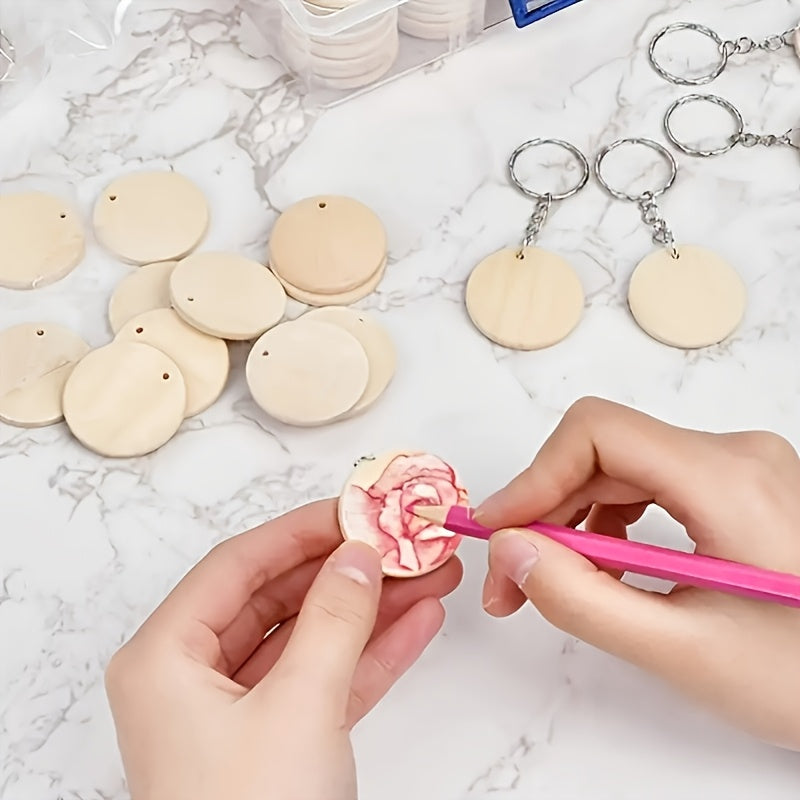 Dofiki 50/100 piezas Kit para hacer llaveros de madera, blanks de colgantes de madera con llaveros, adecuado para hacer llaveros, pintar, decoración del hogar, regalos navideños