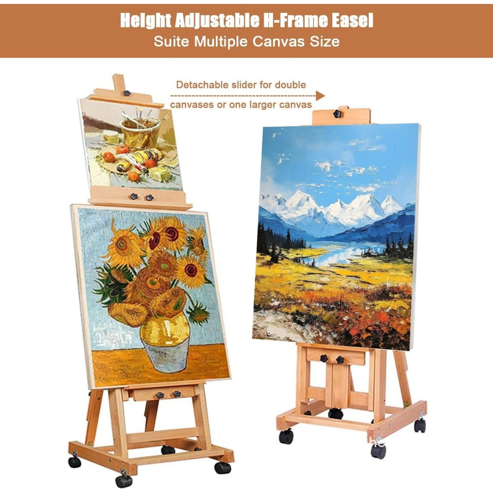 Caballete de gran tamaño de alta resistencia con estructura en H para adultos - Soporte de artista plegable con ruedas y altura ajustable con base de madera, sostiene 1 o 2 lienzos de hasta 240 cm, caballete de pintura portátil para estudio, exhibición al