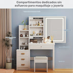 Tocador con espejo de iluminación LED y taburete, 3 modos de iluminación con brillo ajustable, mesa de maquillaje con 4 cajones y 3 estantes de almacenamiento, blanco moderno
