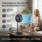 Ventilador de pedestal portátil plegable 2 en 1, recargable por USB-C con control remoto, 4 velocidades, oscilación de 70°, temporizador, inclinación ajustable, para hogar, dormitorio, oficina, viajes