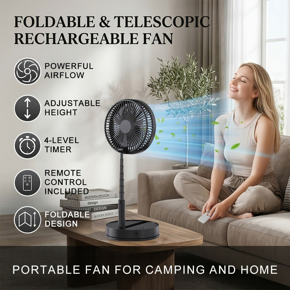 Ventilador de pedestal portátil plegable 2 en 1, recargable por USB-C con control remoto, 4 velocidades, oscilación de 70°, temporizador, inclinación ajustable, para hogar, dormitorio, oficina, viajes
