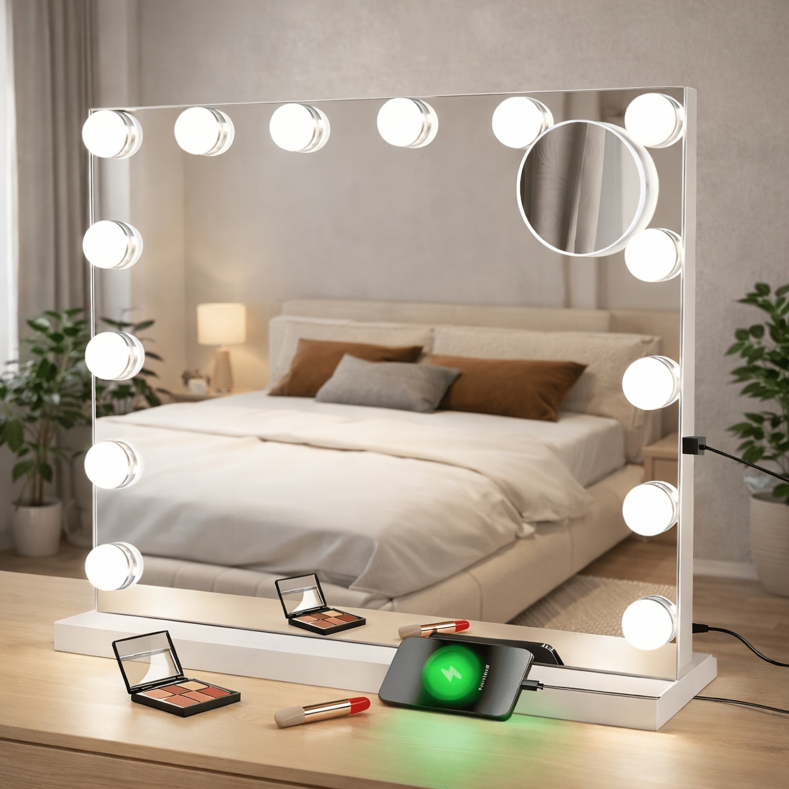 Espejo de maquillaje Hollywood con iluminación - Espejo de tocador con 14 luces LED, puerto USB, espejo cosmético de 50x40 cm - Espejo de tocador táctil regulable con 3 modos