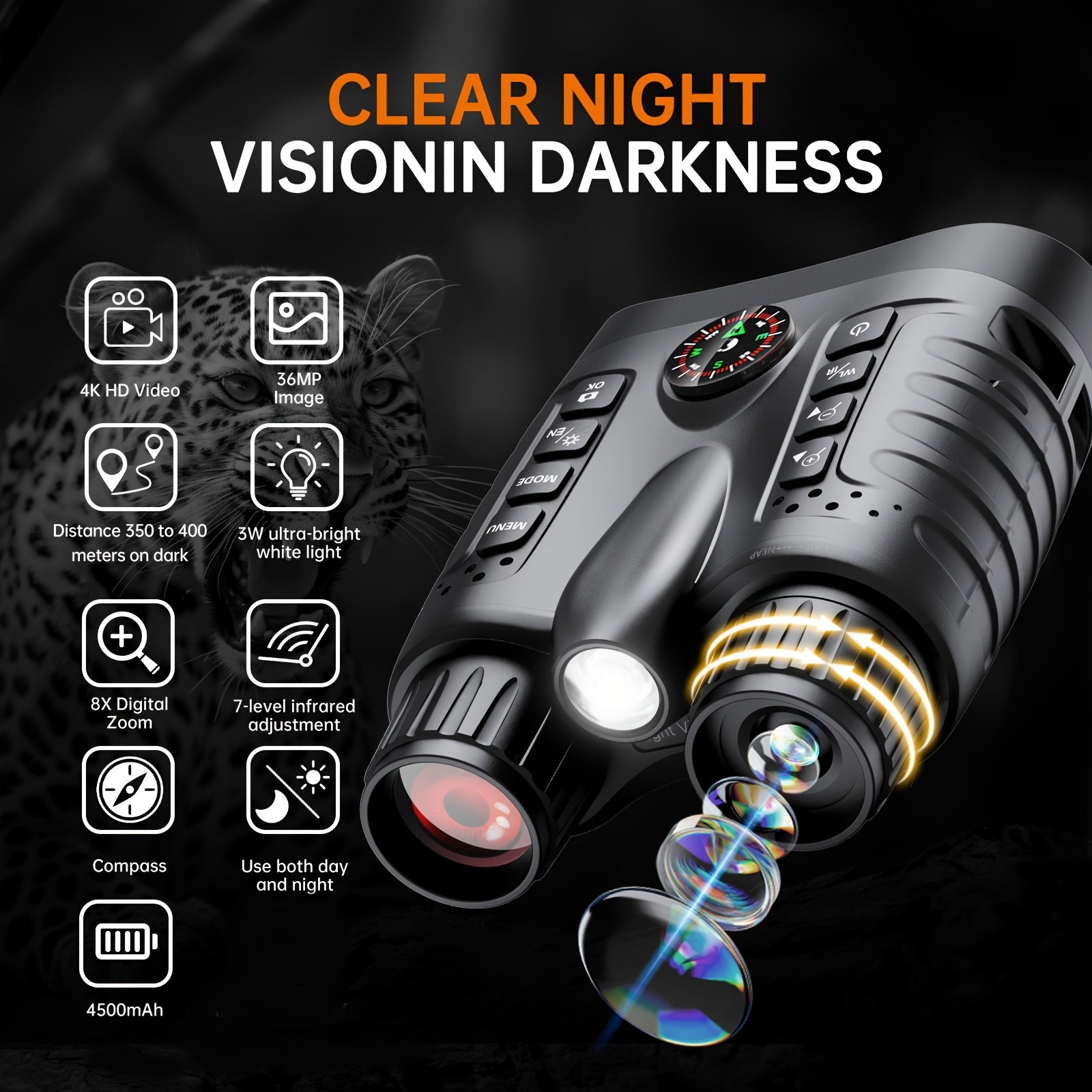 Binoculares de Visión Nocturna Infrarroja 4K con Gafas Protectoras, Zoom 8x, Capacidad de Grabación de Fotos y Videos, Batería Recargable de Larga Duración, Pantalla Grande de 8.13 cm, Incluye Correa de Transporte, Portátil para Excursiones, Versátil para