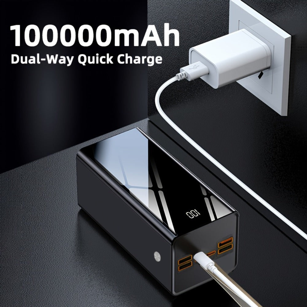 Batería Externa de 100000Mah | Ultra Alta Capacidad y Carga Segura | Pantalla LED y Correa de Cuero | Carga Rápida Multi-Dispositivo | Protección contra Sobrecalentamiento y Sobrecarga | para Android y iOS | Batería de Respaldo de Energía de Emergencia pa