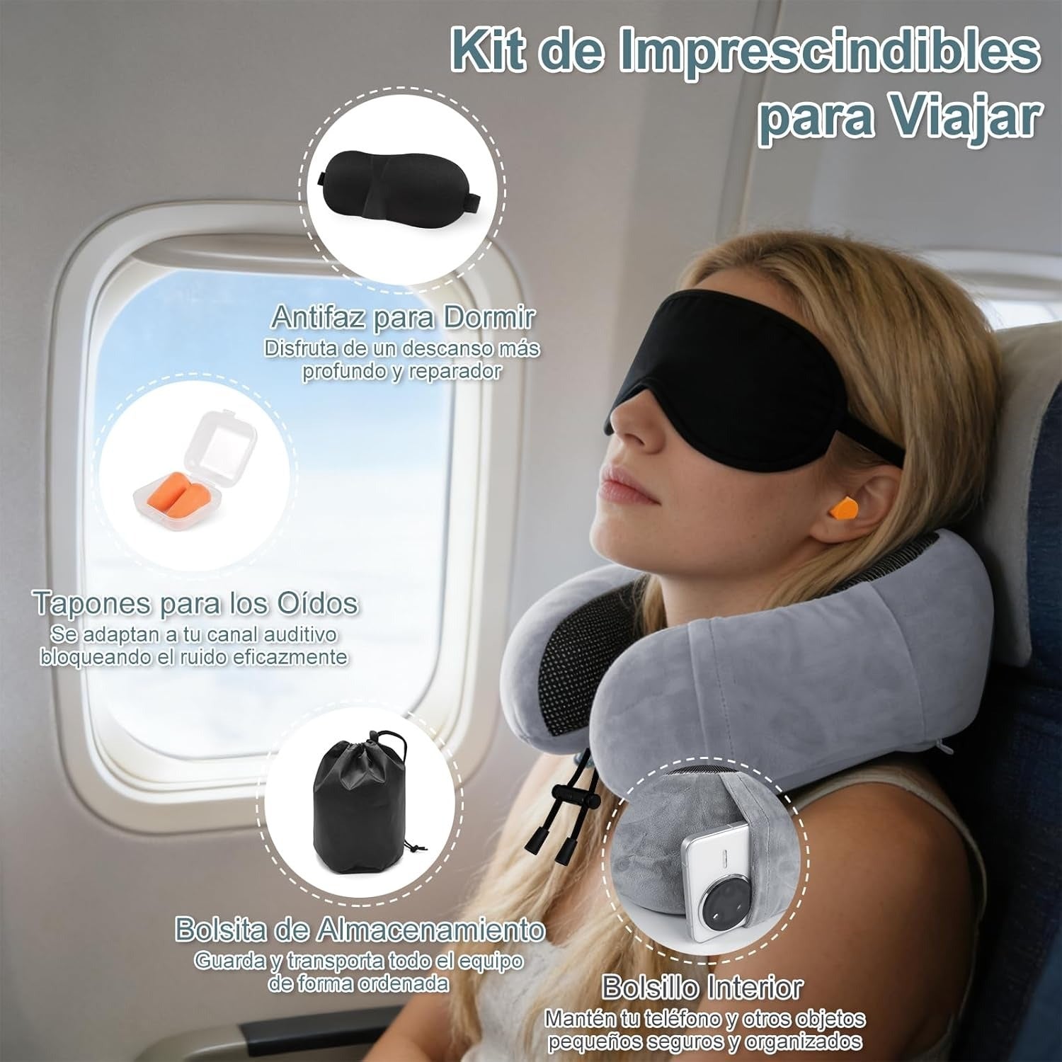Una Almohada Cervical Ergonómica en Forma de U con Bolsa de Almacenamiento, Espuma de Memoria con Tecnología de Rebote Lento, Funda Lavable a Máquina, Ligera y Portátil para Avión, Oficina y Hogar, Apoya Cuello y Cabeza, Ideal para Siestas, Lectura y Ver