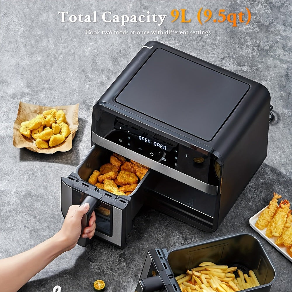 Freidora de Aire Dual de 9L con Ventana Visual, 8 Modos de Cocción, Pantalla Táctil, Display LED, Freidora Digital de Doble Zona con Libro de Recetas, Temporizador y Control de Temperatura, Antiadherente