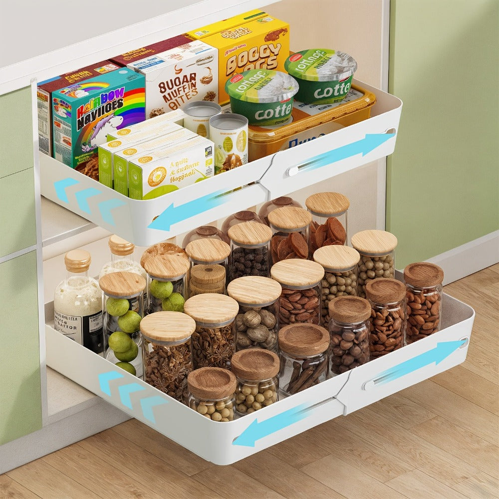 2 Piezas Organizador de Cocina Expandible Blanco con Adhesivo, Cajón Telescópico, Almacenamiento Expandible para Gabinetes, Ajustable, Plástico, Ligero, Estante de Cocina, Estantes para Almacenamiento de Alimentos