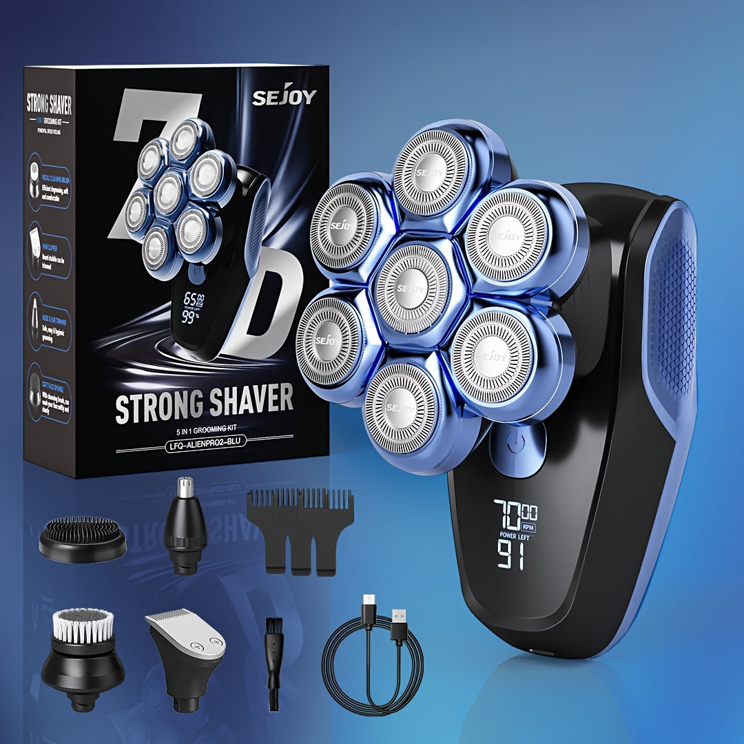 Afeitadora de Cabeza para Hombres Calvos, 7D Impermeable para Uso en Seco/Húmedo, Inalámbrica, Recargable Tipo-C, Kit de Afeitado Eléctrico 5 en 1, con Recortadora de Vello Nasal, Afeitadora Rotativa para Hombres, el Mejor Regalo