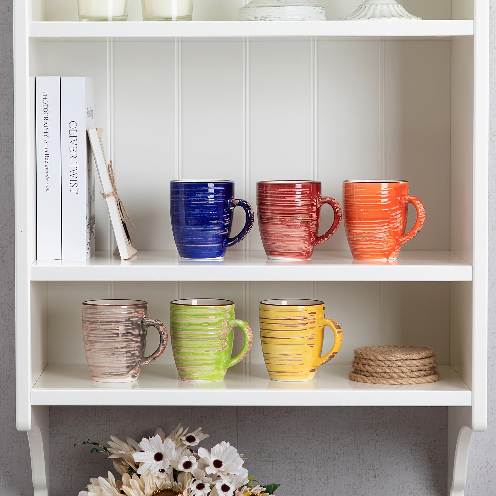 6 tazas de café multicolor de arcilla, tazas pintadas a mano de 390 ml para té, leche, cappuccino
