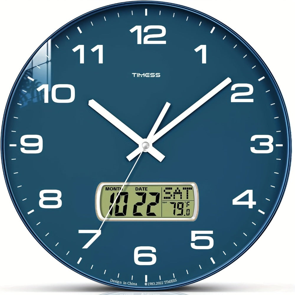 Reloj de Pared Analógico TIMESS con Calendario, Esfera Grande Silenciosa 12/14 Pulgadas en 2 Colores, Muestra Fecha Perpetua y Temperatura Fahrenheit, Decoración para Dormitorio, Oficina o Escuela