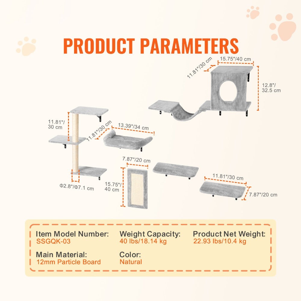 VEVOR Estanterías para gatos montadas en la pared con tableros de salto hamaca sofá conjunto de 6