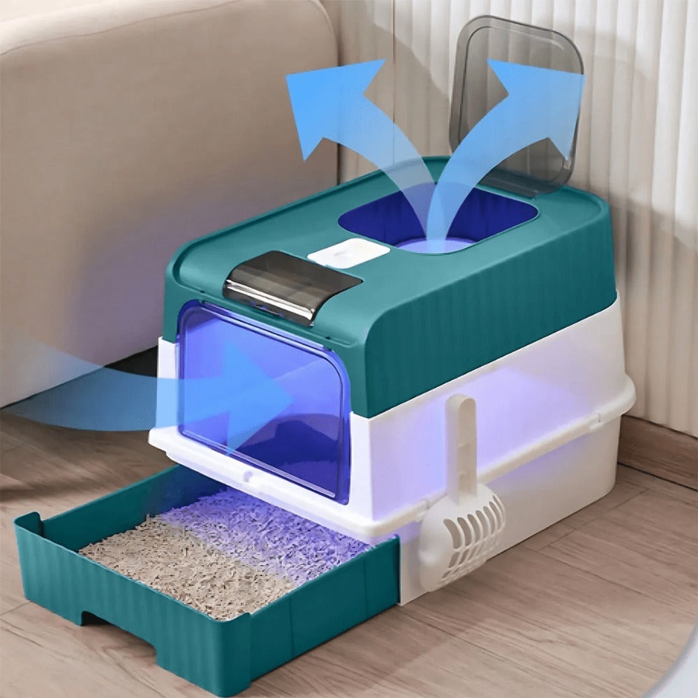 Caja de Arena para Gatos Espaciosa con Tapa Arenero - A Prueba de Fugas, Diseño Plegable, Soporta hasta 14.97 KG, Incluye Pala, Sin Rastro para Limpieza Fácil, Construcción Duradera de ABS/PE/Silicona, Forma Rectangular, Caixa de Arena para Gatos Extra Gr