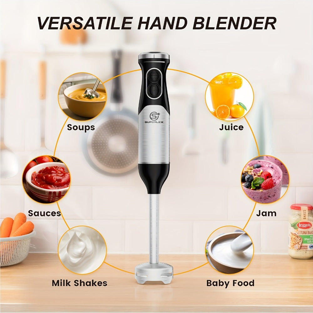 SUPERLEX Licuadora de Mano 600W - Batidor de Acero Inoxidable de Grado Alimenticio, 2 Velocidades (Alimentos Suaves/Duros) para Cocina Hogareña/Catering/Pequeños Negocios de Alimentos | Prepara Sopas, Salsas, Purés