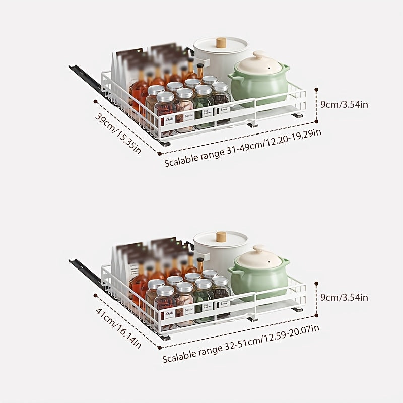 Organizador de gabinete extraíble ajustable de 2 piezas/1 pieza, 3 rieles deslizantes, cajones extraíbles, fácil instalación, ancho ajustable, apto para fregaderos, gabinetes, despensa, baño, ideal para almacenamiento de cocina, organización de cocina