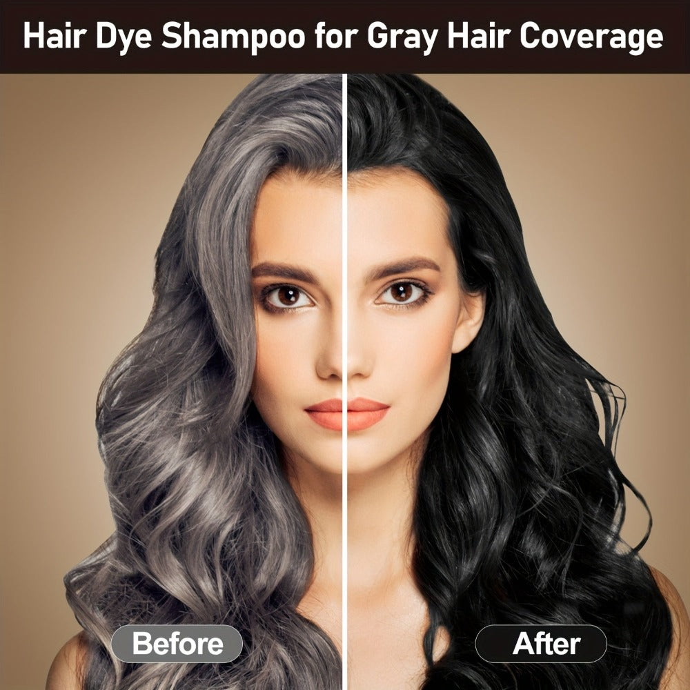 Champú tinte para el cabello 3 en 1 color castaño oscuro, 2 piezas, fórmula herbal natural que cubre el 100 % de las canas para mujeres y hombres, champú de color castaño oscuro de larga duración para teñir en minutos, champú instantáneo para canas de 16.