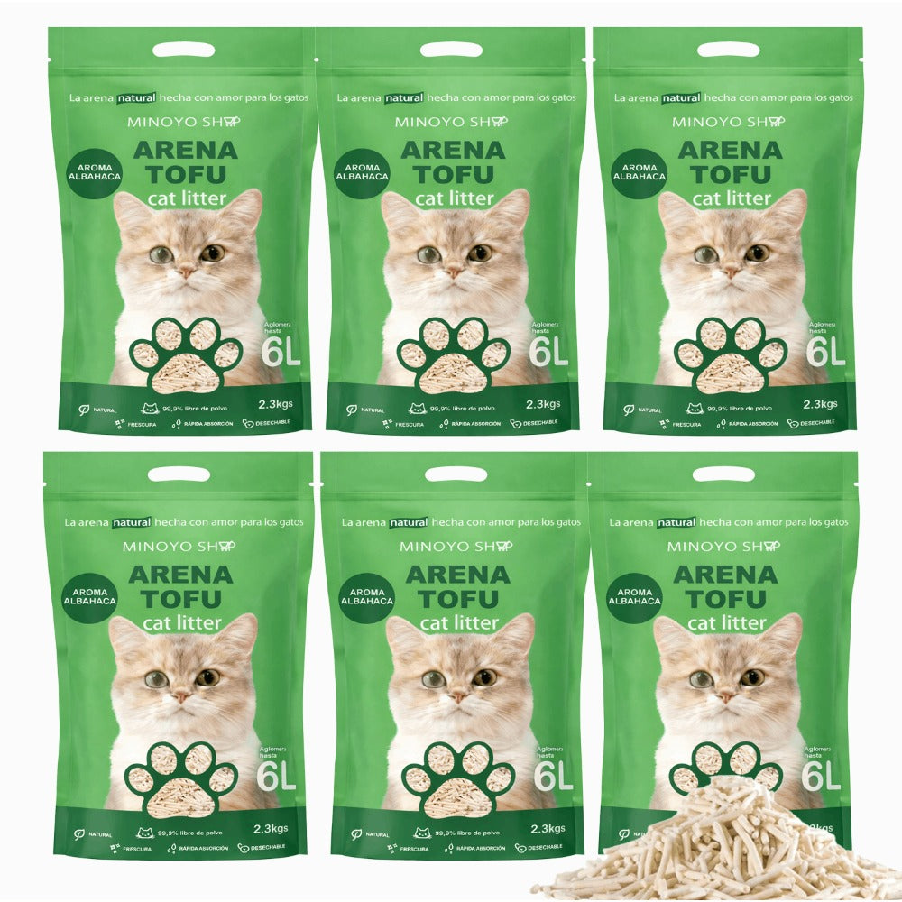 Arena de Tofu para Gatos 6L - Sin Polvo Fácil de Aglomerar y Controla Olores - y Segura para Gatitos - Pack de 6 Bolsas