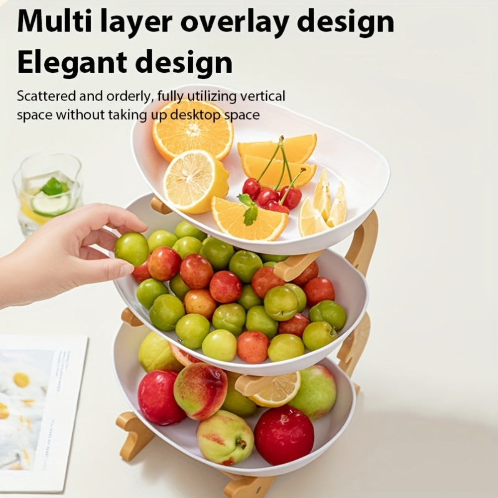 Cesta de frutas blanca de 3 niveles con gran capacidad, plato de frutas de plástico, soporte para pasteles y dulces, diseño en capas para frutas, soporte de bambú y madera, ahorra espacio, adecuado para aperitivos y bandeja de dulces para el hogar
