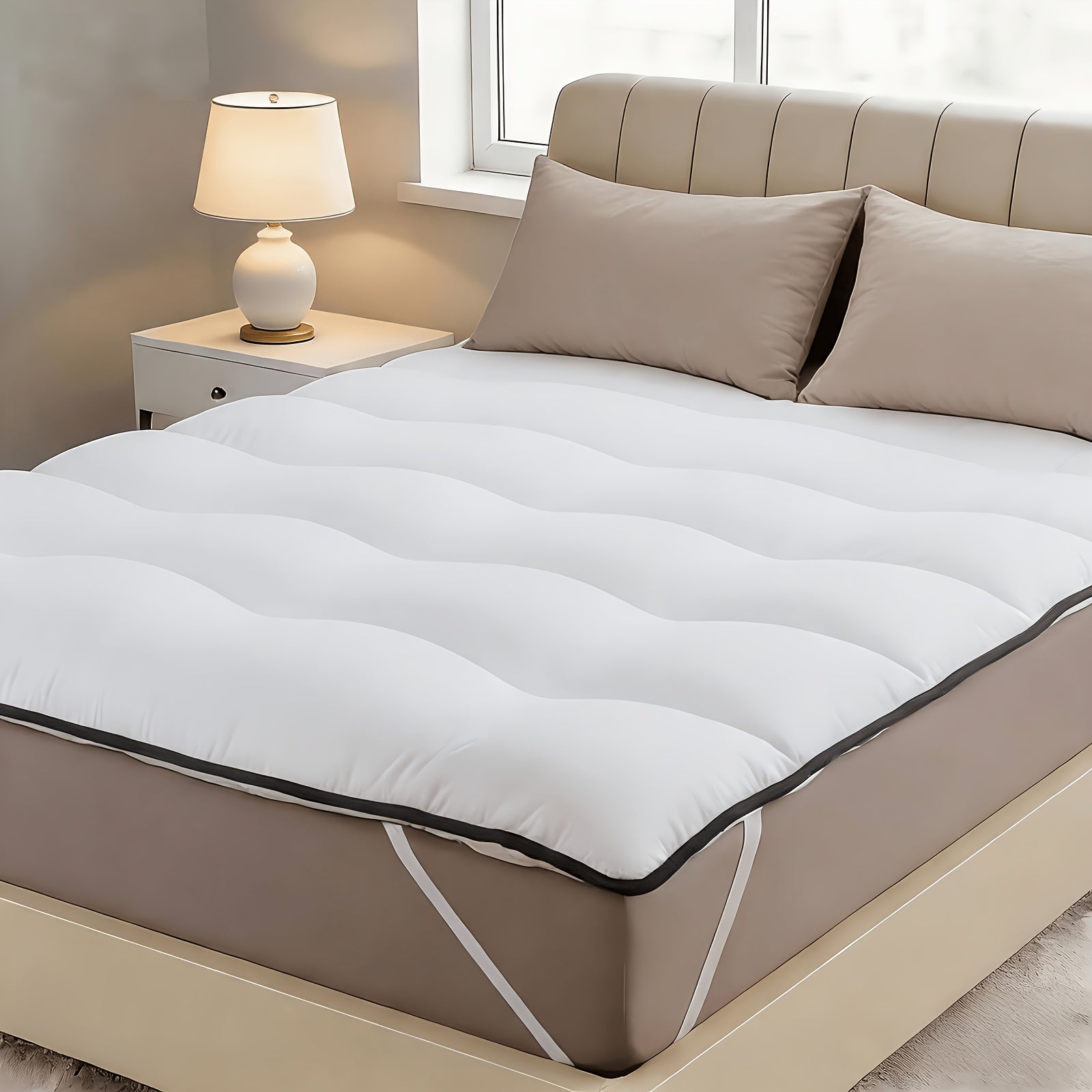 Protector de colchón suave y cómodo, almohadilla para colchón, gruesamente acolchado, diseño en forma de onda, borde negro, elegante y hermoso, adecuado para la mayoría de los tipos de cama