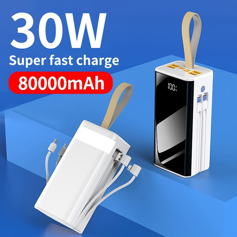 Batería externa | Banco de Energía Portátil de Gran Capacidad 80000mAh, Carga Rápida PD30W, Cable de Datos Integrado/Pantalla LED de Energía