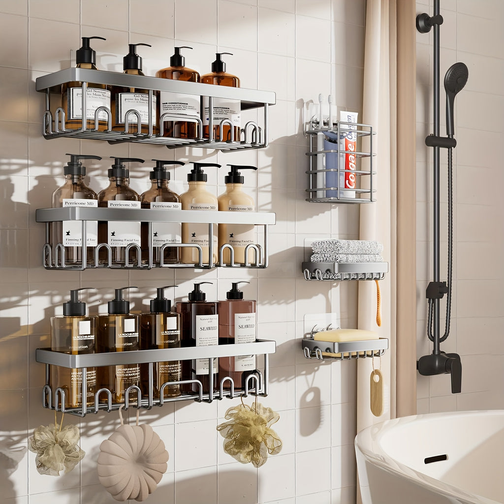 Juego de 6 estantes de ducha de acero inoxidable a prueba de óxido, organizador de baño adhesivo sin taladro, estantes de ducha que ahorran espacio para elementos esenciales de apartamento, baño, almacenamiento de cocina, decoración del hogar rentable, es