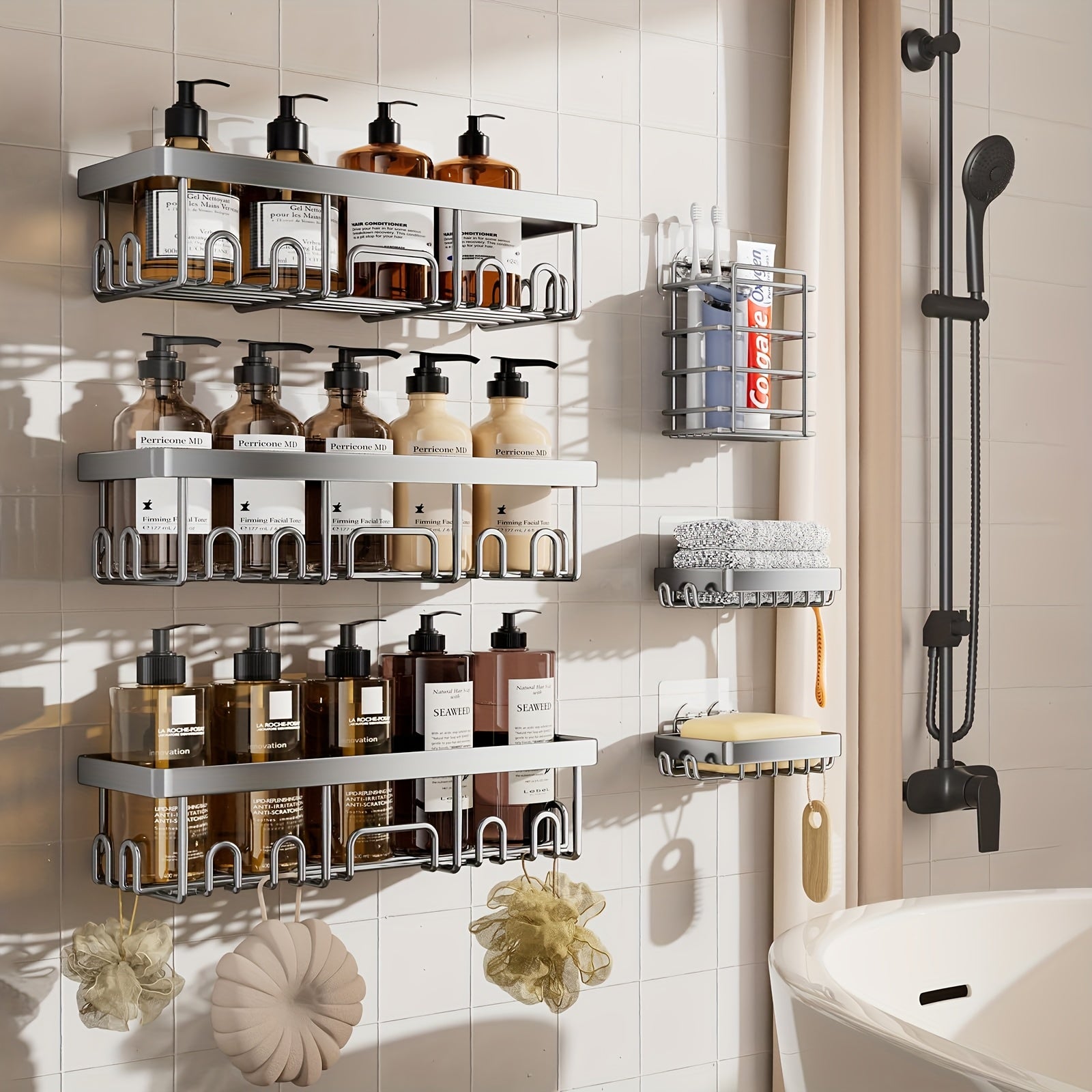 Juego de 6 estantes de ducha de acero inoxidable a prueba de óxido, organizador de baño adhesivo sin taladro, estantes de ducha que ahorran espacio para elementos esenciales de apartamento, baño, almacenamiento de cocina, decoración del hogar rentable, es