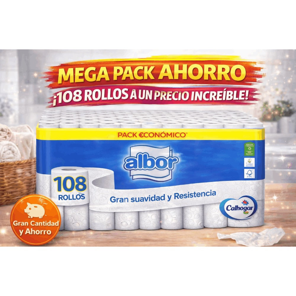 Pack promoción 108 rollos de papel higienico Albor Colhogar marca Española calidad y seguridad en cada uso.