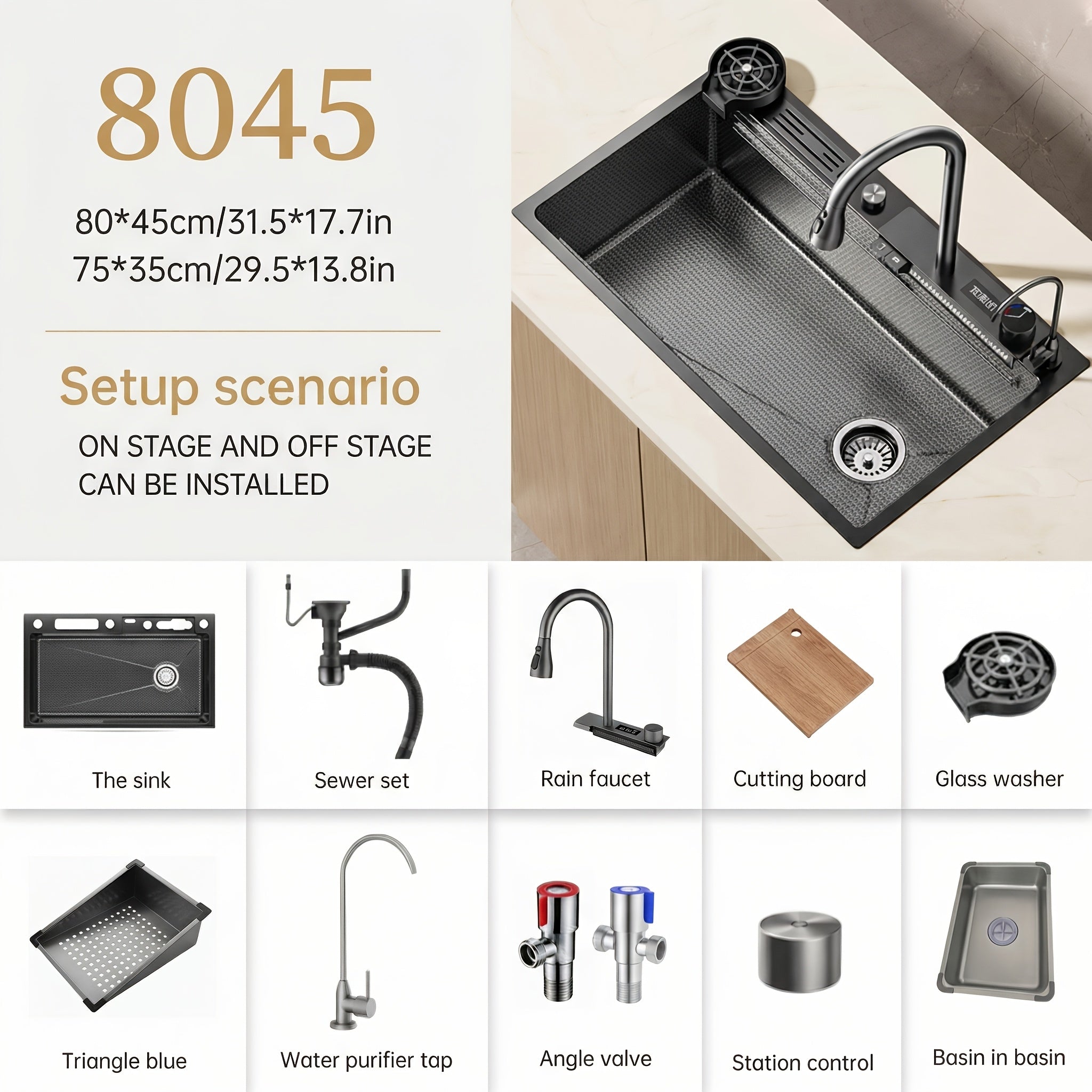 Fregadero de cocina con grifo y accesorios para cocina y estación de trabajo | 44.96 cm