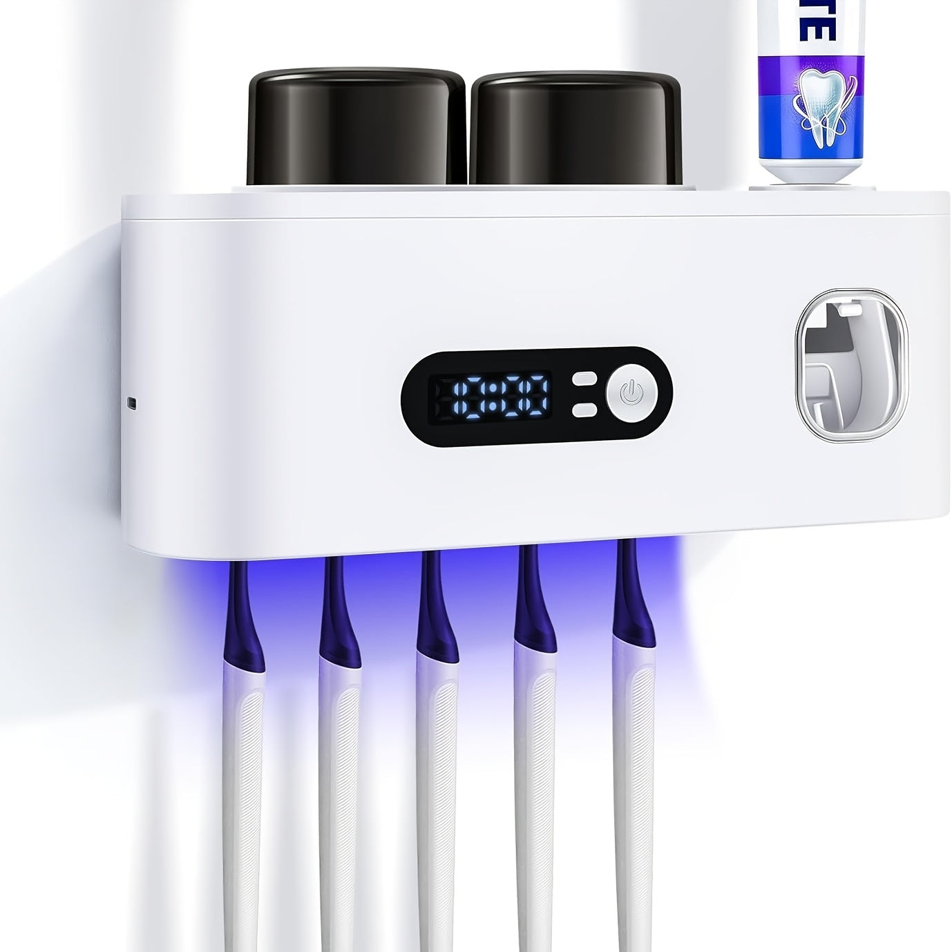 Portacepillos de dientes inteligente de pared automático y dispensador de pasta de dientes con UVC, una operación, panel de visualización, apto para baño, sistema de secado higiénico, ahorra espacio para baños pequeños, exprimidor automático de pasta de d
