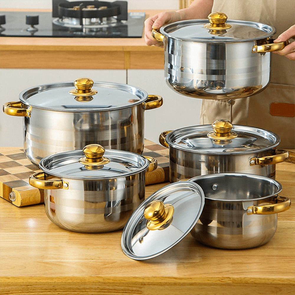 Juego de 10 ollas de acero inoxidable, ollas de cocina de acero inoxidable, 5 ollas y 5 tapas, mango doble de acero inoxidable color dorado con tapa, olla profunda, ideal para cocinar en casa y en restaurantes, ideal para sopa, fondue, fideos, pasta