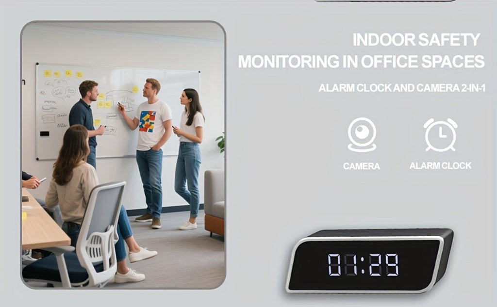 Cámara de reloj HD 1080P con gran angular de 110 grados y visión nocturna, grabación en bucle y funciones de alarma avanzadas. Cámara de reloj de escritorio WIFI6 con control por aplicación. Adecuada para monitoreo de seguridad interior en hogares, interi