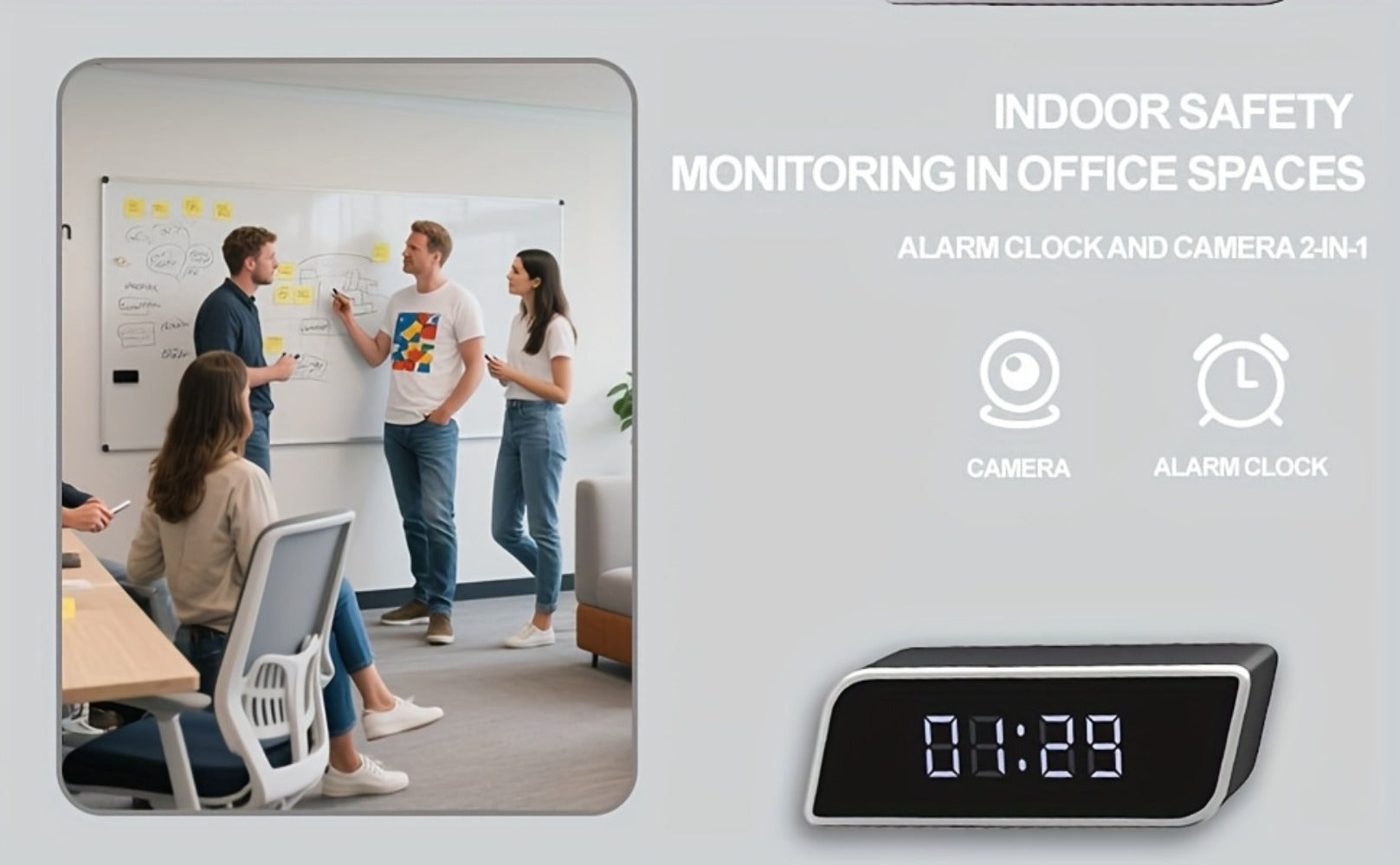 Cámara de reloj HD 1080P con gran angular de 110 grados y visión nocturna, grabación en bucle y funciones de alarma avanzadas. Cámara de reloj de escritorio WIFI6 con control por aplicación. Adecuada para monitoreo de seguridad interior en hogares, interi