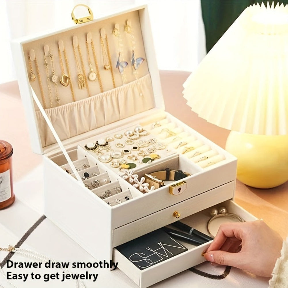 Joyero vintage de gran capacidad de piel sintética de PU con cajones - Múltiples niveles con forro suave, apto para collares, pendientes, anillos, escritorio para dormitorio, regalo de boda, San Valentín, Navidad, Día de la Madre, cajas de joyería