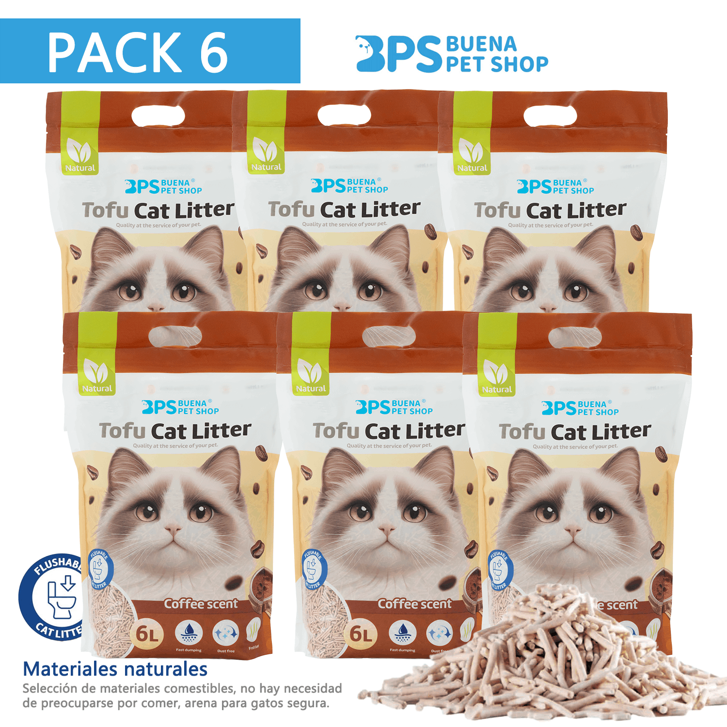 Arena de Tofu para Gatos 6L - Sin Polvo Fácil de Aglomerar y Controla Olores - y Segura para Gatitos - Pack de 6 Bolsas