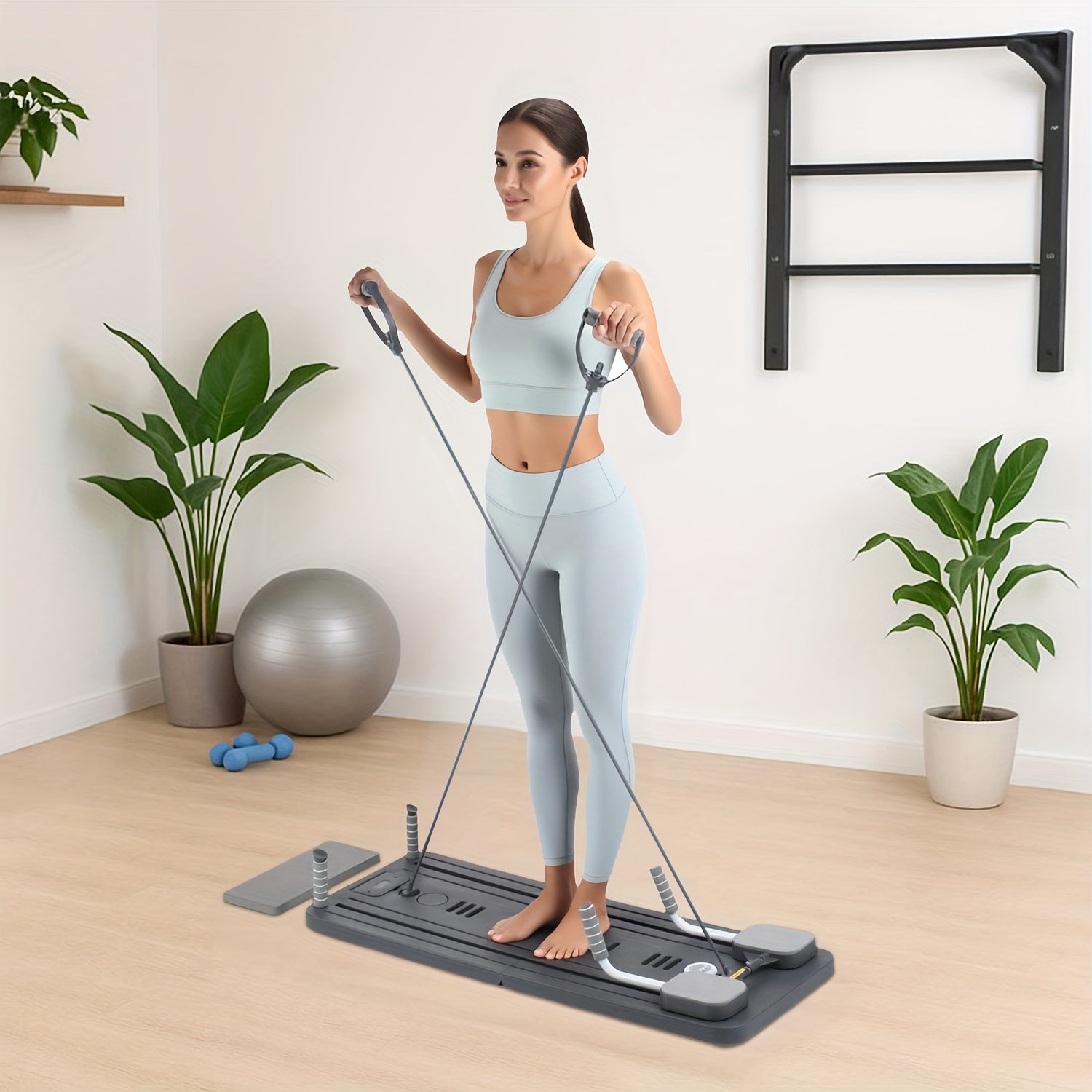 Tabla de Pilates Yoga Plegable | Set de Gimnasio Multifuncional para el Hogar con Temporizador, 2 Manijas de Resistencia, 2 Cuerdas de Tensión, Barra de Flexiones y Plataforma de Equilibrio | Entrenamiento de Core y Fuerza para Mujeres y Principiantes, En