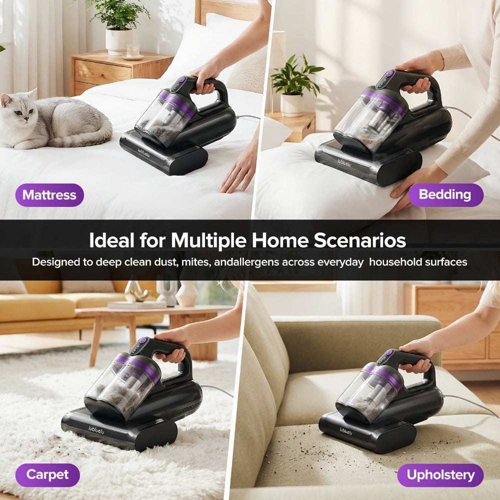 Aspiradora Lubluelu para ácaros del polvo de colchón, aspiradora de cama 3 en 1 con motor de 350W, succión de 24kPa, flujo de aire de 100AW, eliminación de ácaros con tecnología de ondas de sonido, cepillo giratorio, secado con aire caliente, depósito de