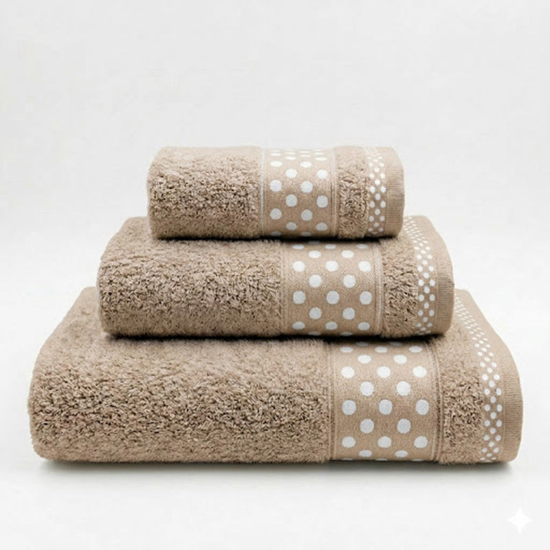 Juego de Toallas de Algodón 100% (3 Piezas) - Incluye Toalla de Tocador, Lavabo y Ducha | Tacto Suave, Ultra Absorbentes con Diseño Elegante de Lunares | Set Premium para Baño