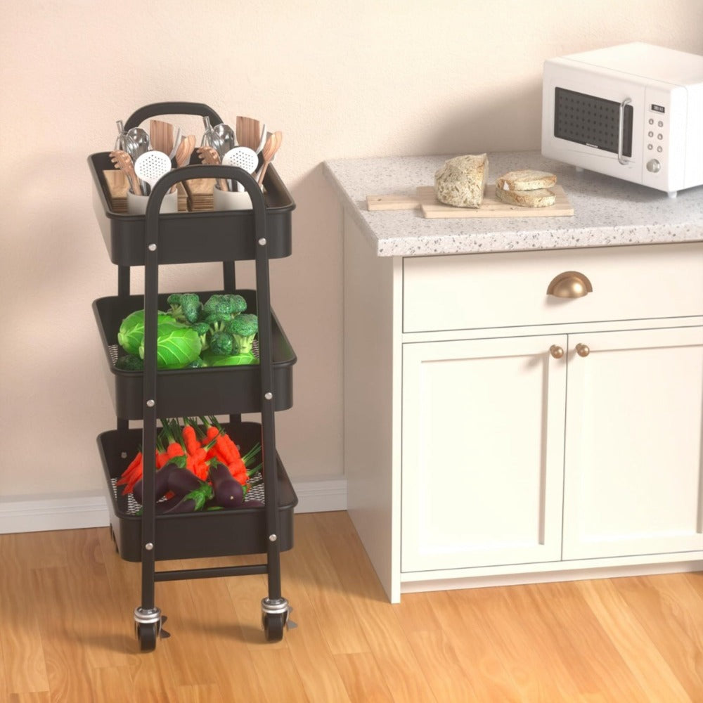 Estantera Metlica Modular de Almacenaje: Organizacin Verstil para Espacios Amplios y Compactos - Acero Galvanizado + 4 Baldas MDF, 70 x 39 x 29cm - 100Kg por Balda Estanteria cesta cesto de Fruta o Multiuso de 3 pisos ( fruta-001)