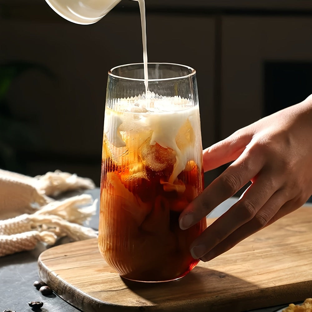 Almacén Local, Juego de 6 Vasos de Vidrio Vintage a Rayas, Hechos de Vidrio de Borosilicato, Resistentes a Cambios de Temperatura, Aptos para Lavavajillas. Ideales para Café, Agua Caliente, 500ml/17oz. Perfectos para Bares, Cafeterías, Heladerías y Uso en