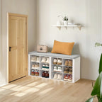 Banco para Zapatos, Estante con Asiento, Banco con Almacenamiento, Cojín, 12 Compartimentos, para Sala, Pasillo, Dormitorio, Blanco-Gris