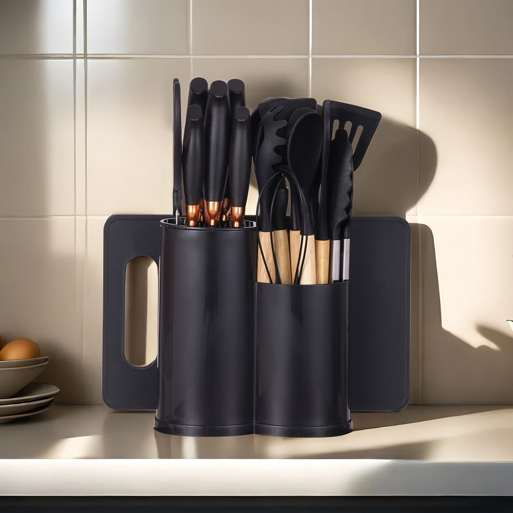 Juego de 19 piezas de cuchillos de cocina modernos y utensilios de cocina - Colección de hojas profesionales con mangos ergonómicos - Accesorios de cocina de alta calidad con soporte de almacenamiento - Herramientas de corte de espiga completa y esenciale