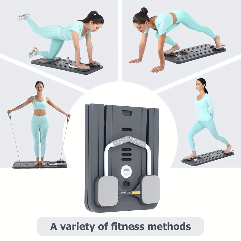 Tabla de Pilates Yoga Plegable | Set de Gimnasio Multifuncional para el Hogar con Temporizador, 2 Manijas de Resistencia, 2 Cuerdas de Tensión, Barra de Flexiones y Plataforma de Equilibrio | Entrenamiento de Core y Fuerza para Mujeres y Principiantes, En